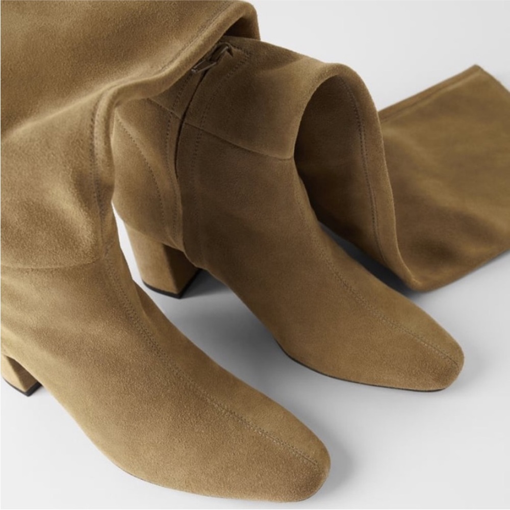 Brand New ZARA Suede Slouchy Heeled Boots in Tan SIZE 6.5 - Picture 8 of 16